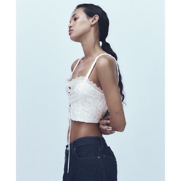 NWOT Zara White Tulle Eyelet Lace Tie Front Crop Top, Size Small - Picture 2 of 15